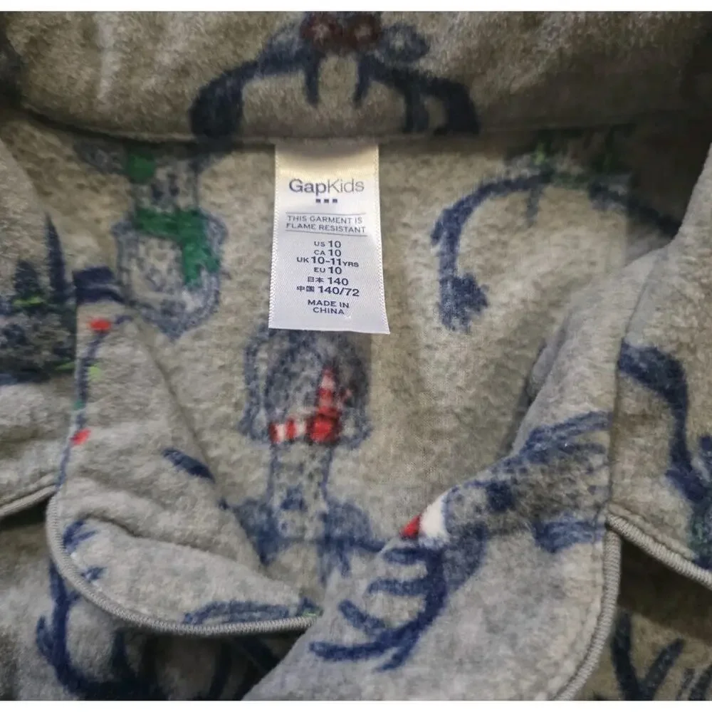 GapKids Christmas Pajamas SZ 10 Button Up 2pc Set Deer Christmas Light Santa Hat